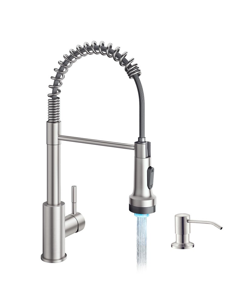 GIMILI LED Kitchen Faucet with Soap Dispenser, Modern Single Handle Spring Kitchen Sink Faucets with Pull Down Sprayer - Image 1